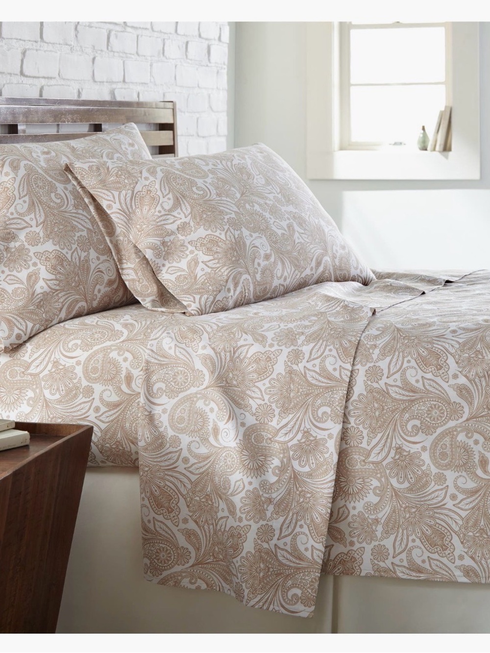 Neutral Paisley Cotton Sheet Set - Beige/White Queen Size